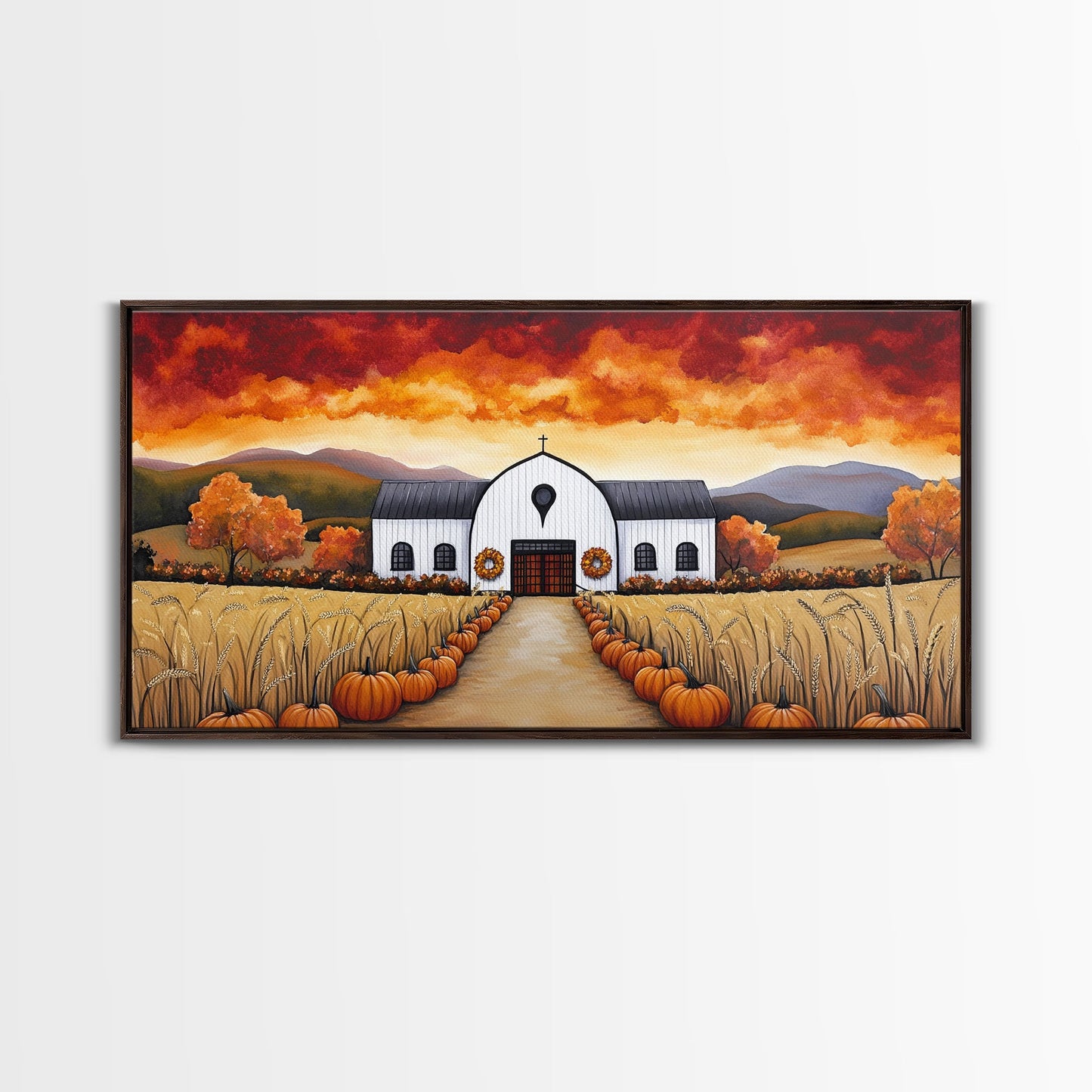 Autumn pumpkin farm with barn, canvas print, fall farmhouse decor, rustic autumn home decor, cozy fall harvest wall art for seasonal display