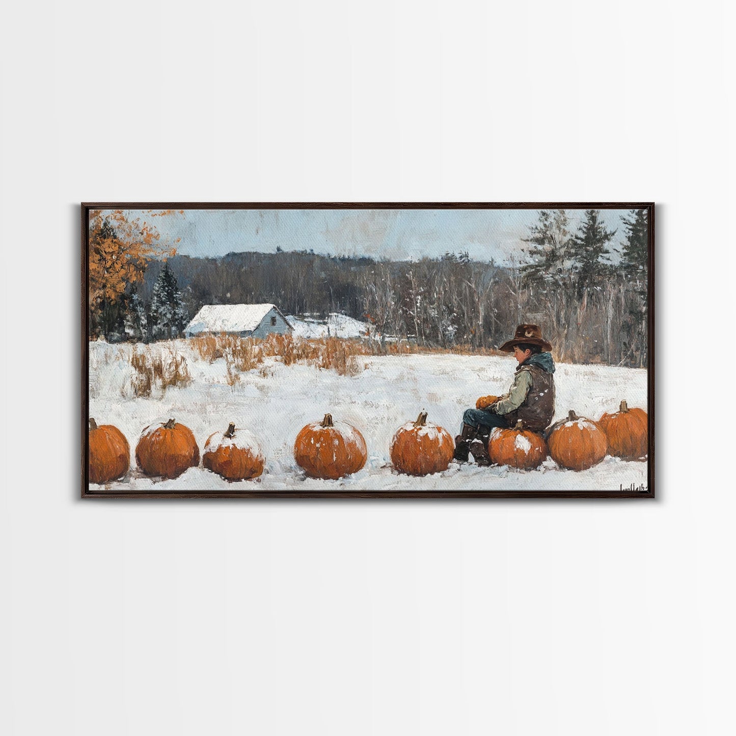 Cowboy Sipping Coffee Autumn Decor Framed Canvas Print Perfect Above Sofa Wall Art Western Home Decor Moody Fall Artwork Rustic