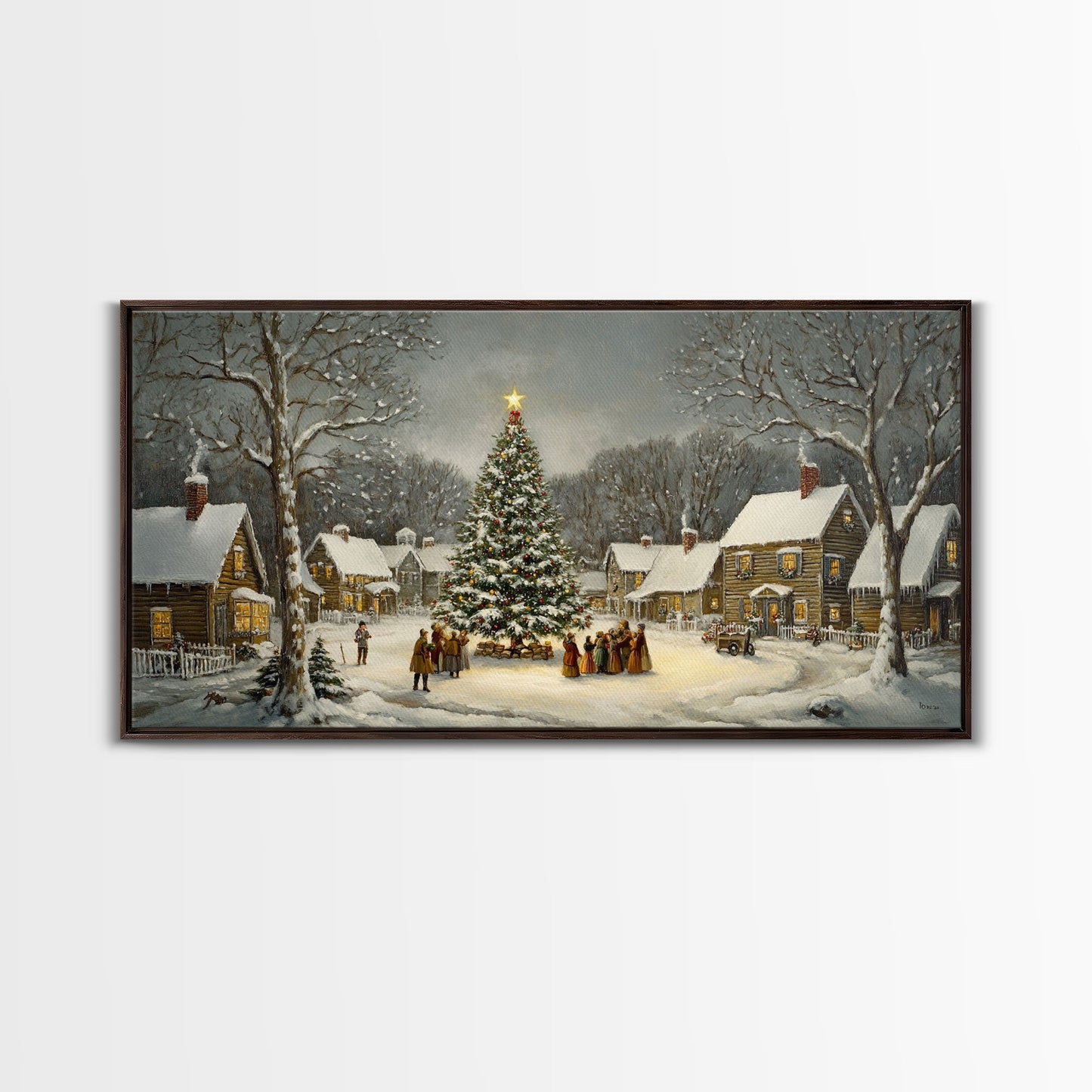 Large Christmas Tree In Snowy Village With Families, Winter Wonderland Holiday Wall Art, Framed Canvas Print, Rustic Christmas Decor