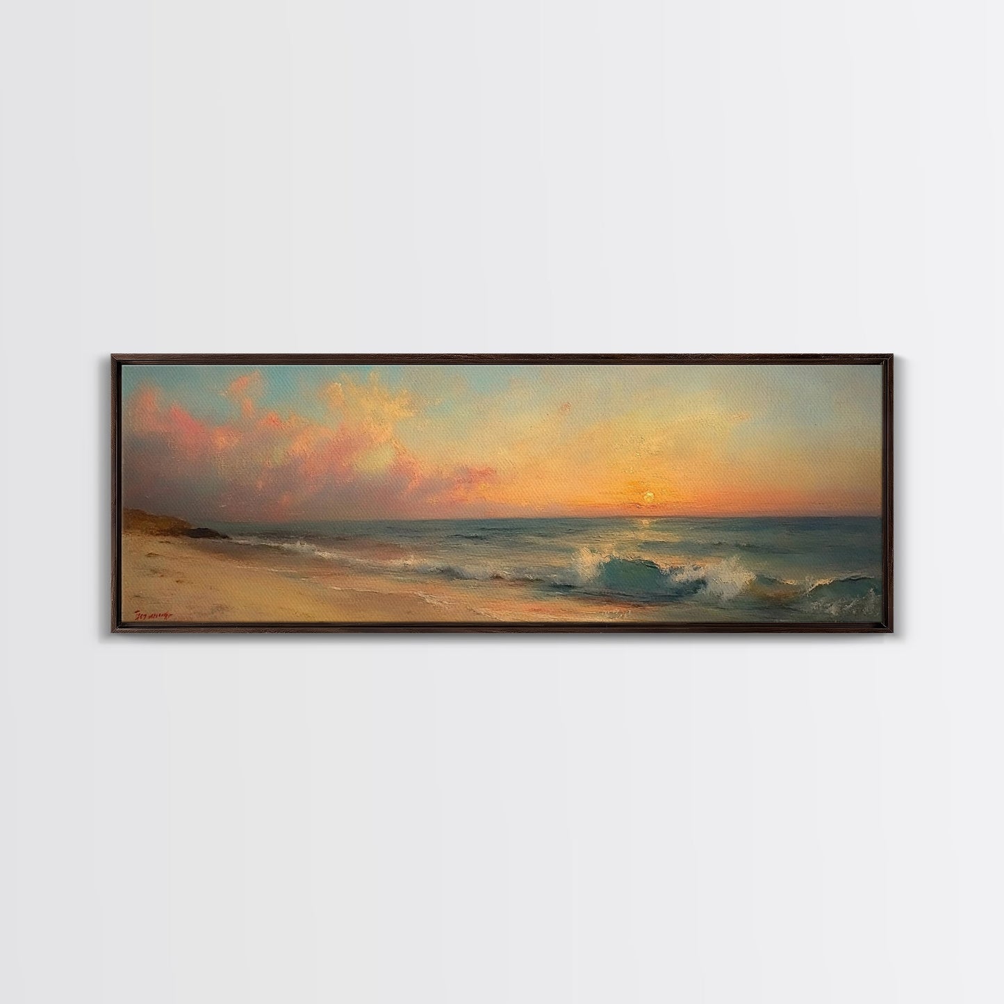 Ocean Waves Crash Into a Hidden Beach at Sunset, Framed Canvas Print, Panoramic Boho Seascape Painting