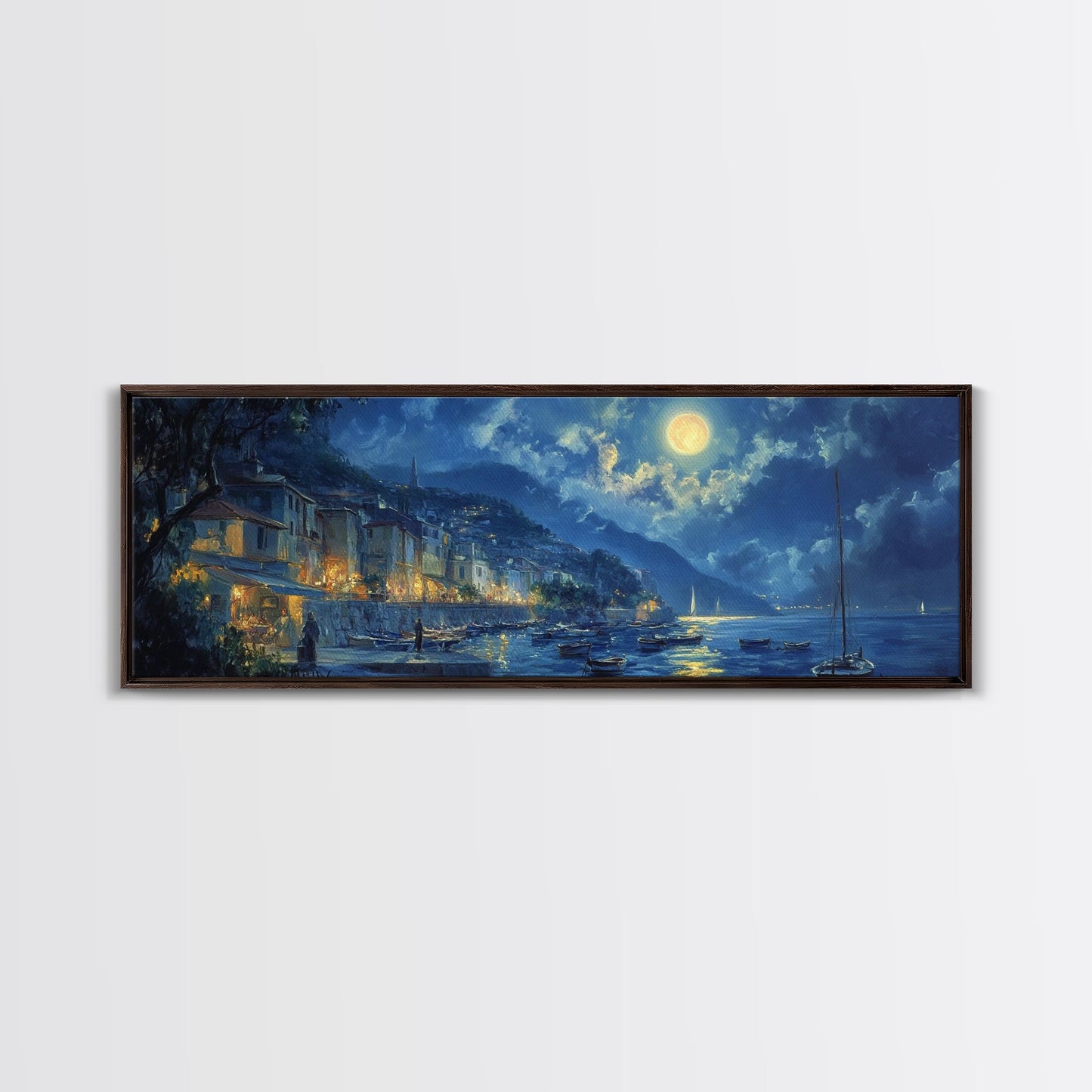Italian Fishing Village at Midnight Under a Full Moon, Framed Canvas Print, Panoramic Wall Art, Eclectic Boho Home Decor, Wide Oversized Wall Art