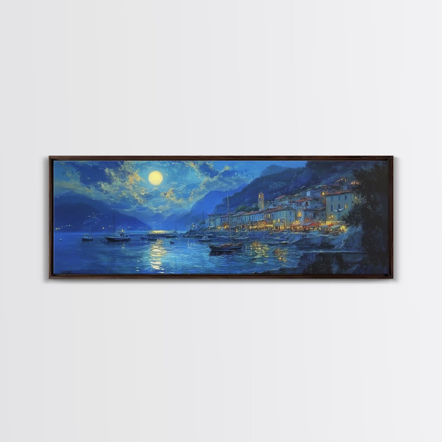 Midnight in Italy - Full Moon - Italian Oil Painting Canvas Print - Whimsical / Eclectic Landscape Painting - Minimalist Boho Home Decor