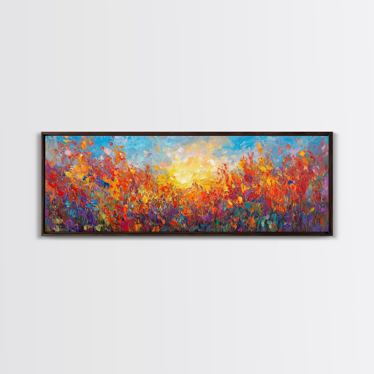 Original Wildflower Painting Print, Panoramic Extra Wide Wall Art, Floral Landscape Custom Rustic Home Decor, Sunset Through The Flowers