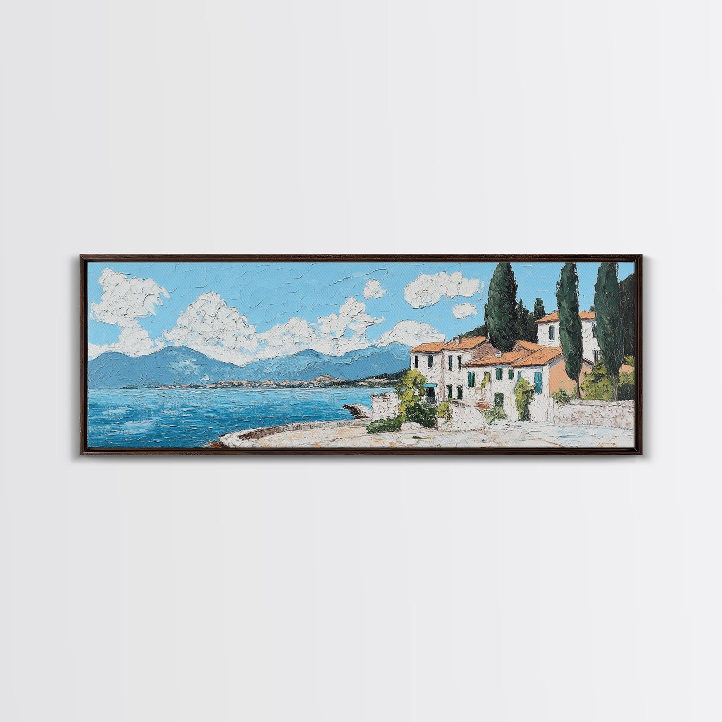 Impressionist Painting of an Italian Seaside Villa, Framed Canvas Print, Italy Village Decor, Ulta Wide Panoramic Landscape Painting