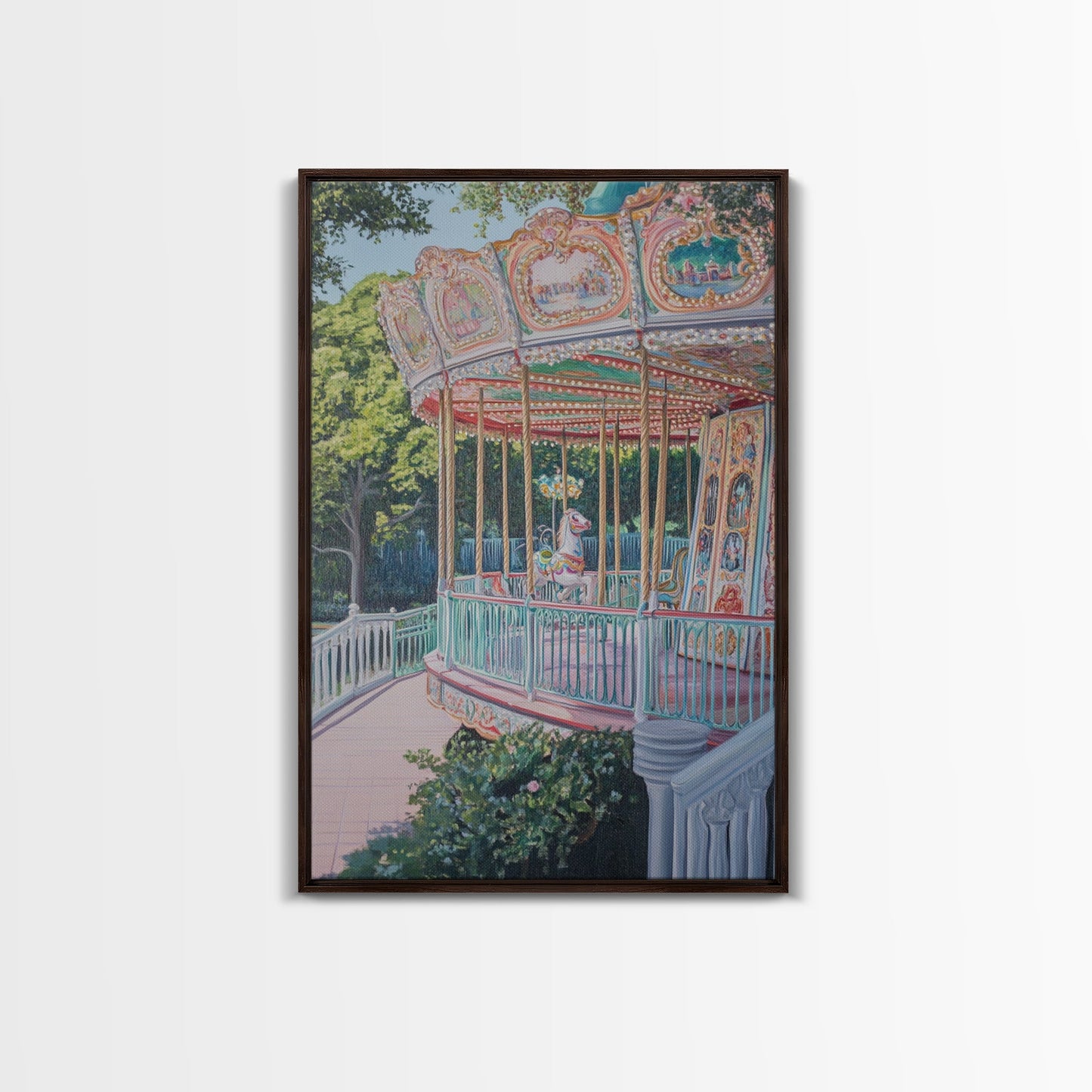 Nursery Decor Framed Canvas Print, Wall Decor for Girl's Room, Carrousel Oil Painting, Oil Painting of a Carrousel