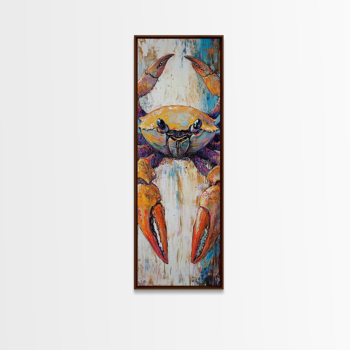 Colorful crab, coastal cowgirl wall art, crayfish painting, nautical wall art, framed canvas print, tall skinny art, rustic décor
