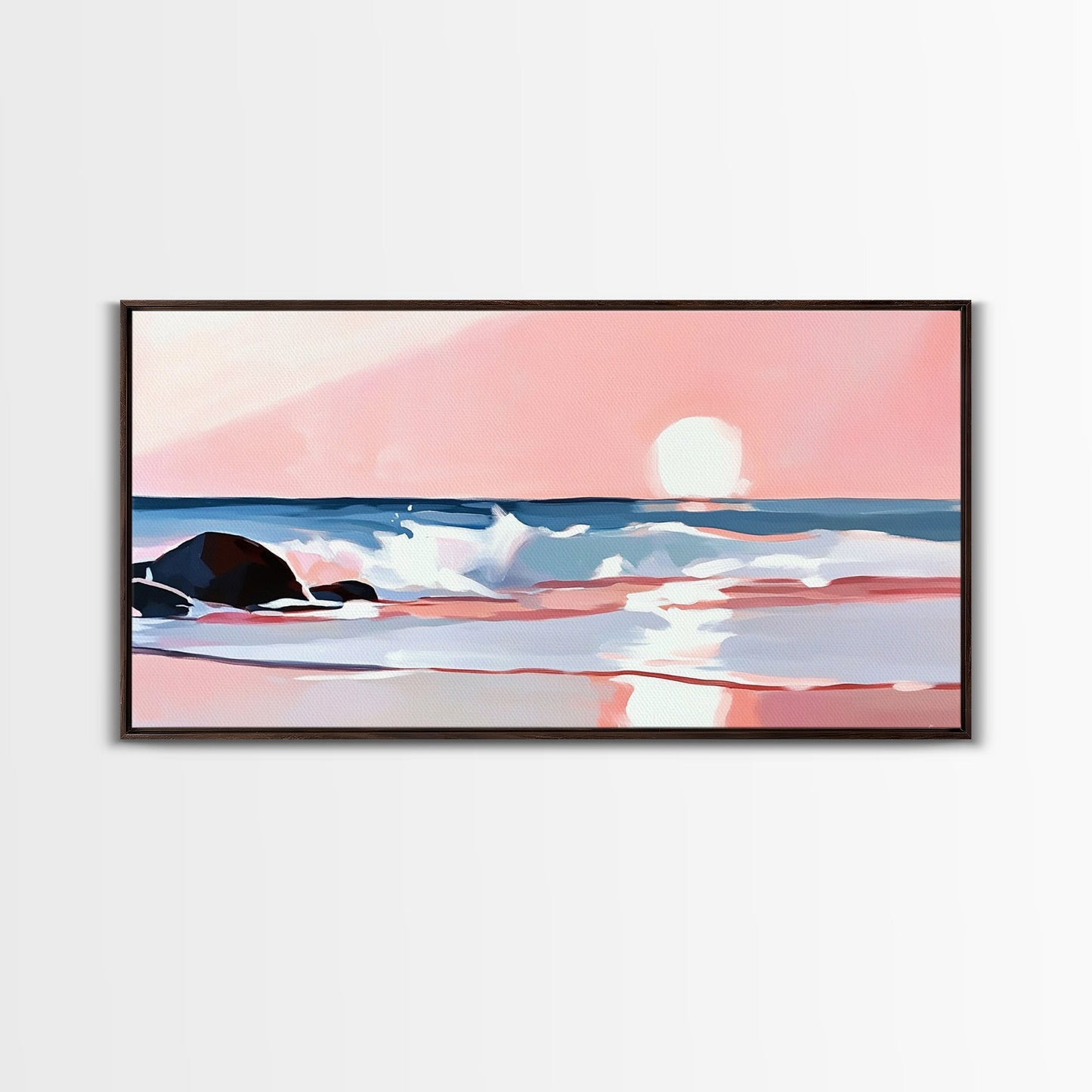 Sunset Beach, Ocean Waves, Framed Canvas Print, Coastal Wall Art, Pink Sky Painting, Living Room Decor, Tropical Seascape