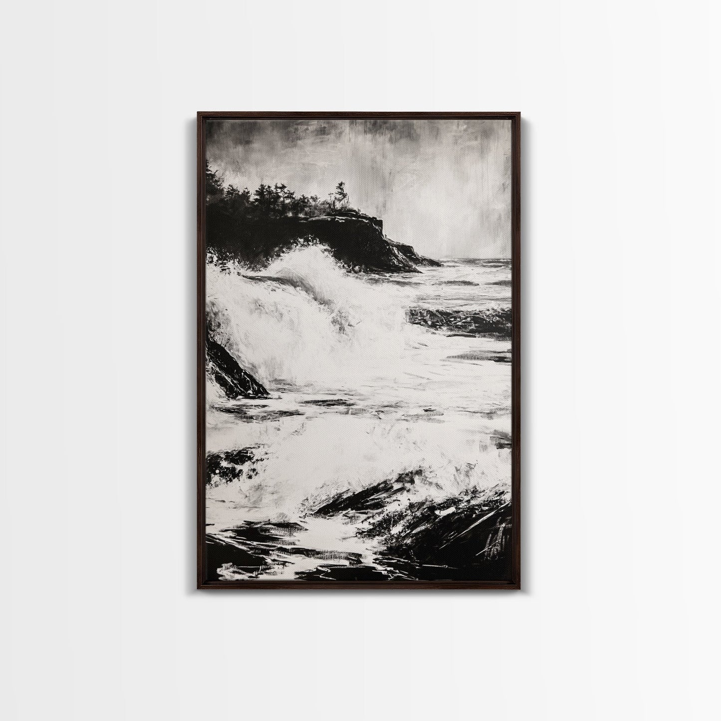Ocean Waves, Seascape Painting, Framed Canvas Print, Beach House Decor, Nautical Wall Art, Black and White Art, Coastal Living Room
