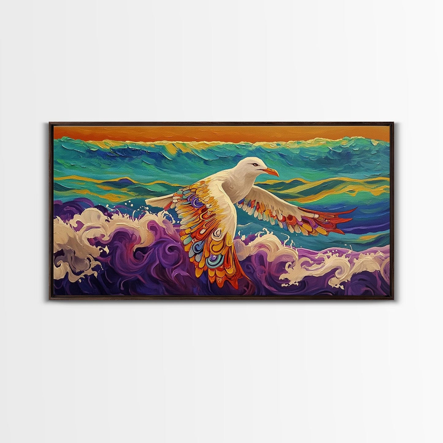 Seagull Ocean, Wings, Framed Canvas Print, Whimsical Bird Wall Art, Nautical Coastal Decor, Colorful Beach Painting, Boho Wall Art