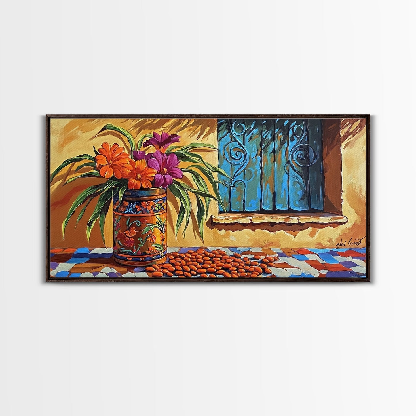 Flowers Pottery, Window, Still Life, Canvas Print, vibrant floral still life wall art, Mexican pottery, rustic kitchen décor