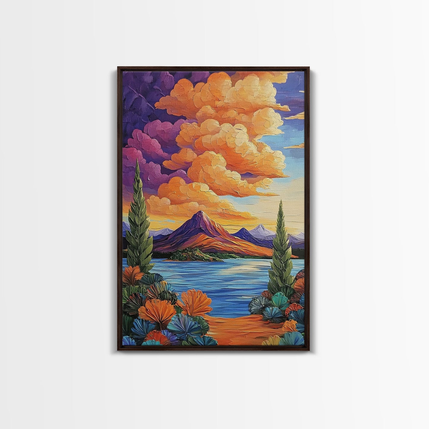 Mountain Lake, Cloudscape, Reflection, Framed Canvas Print, Bold sunset wall art, vibrant color landscape, Cabin or Living Room Wall Art