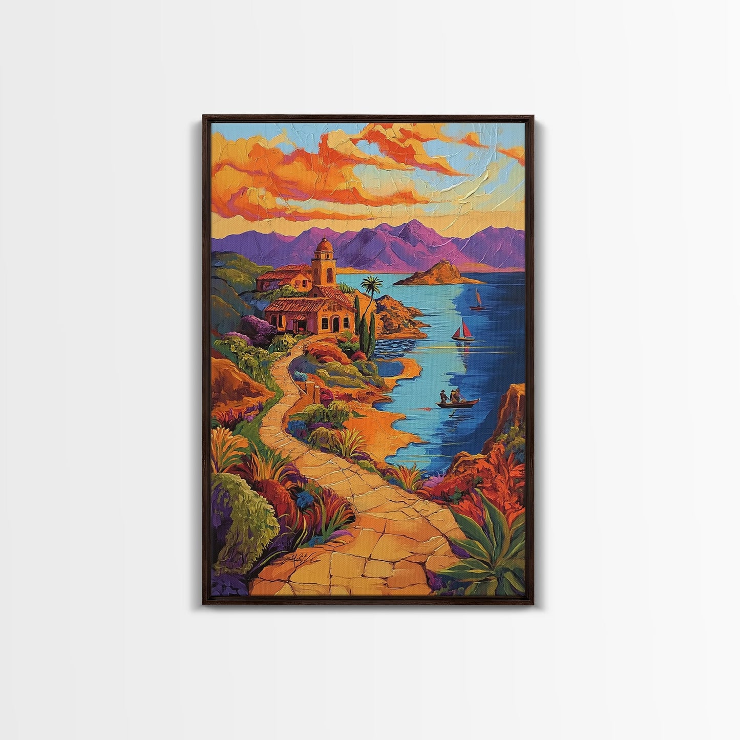 Coastal Village, Pathway, Sunset, Framed Canvas Print, Mediterranean coastal art, colorful landscape painting, boho living room wall decor