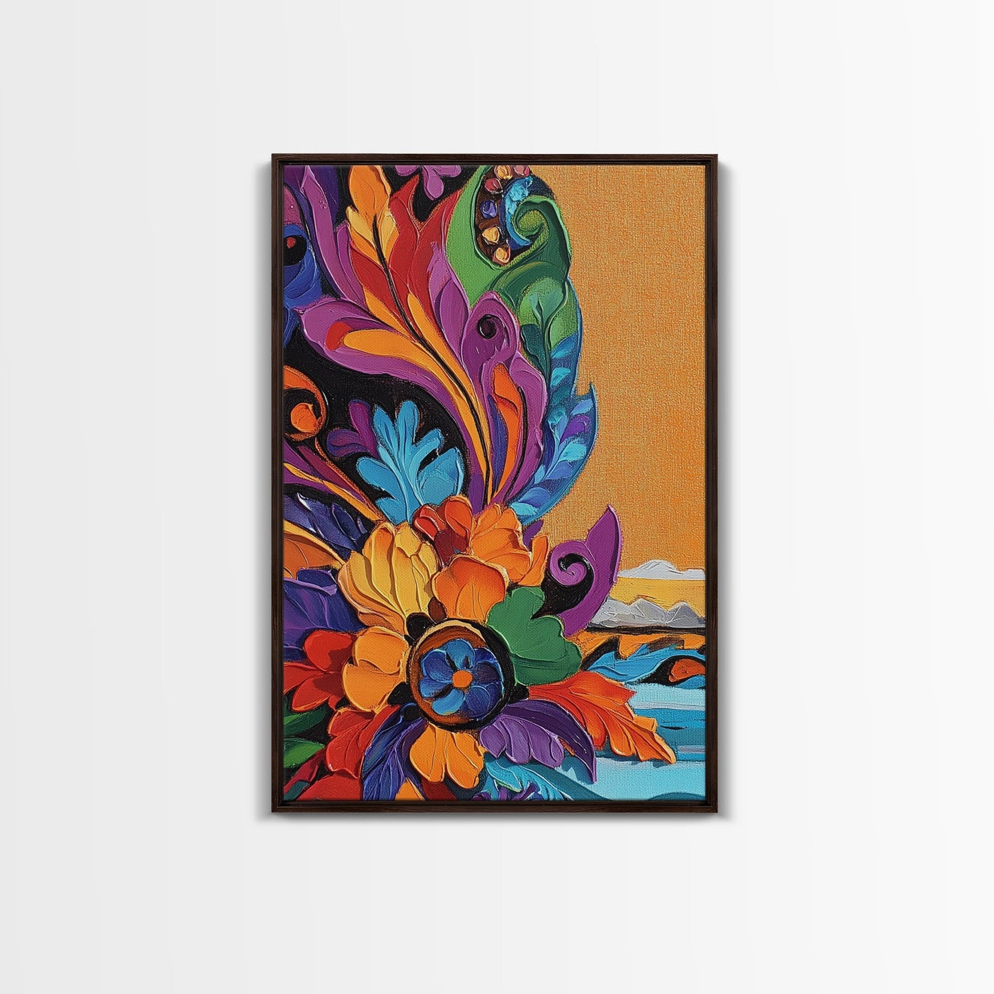 Fiesta Flower, Southwest Pattern, Mexican Style, Bright Floral, Framed Canvas Print, Kitchen Wall Art, folk boho art, vibrant decor