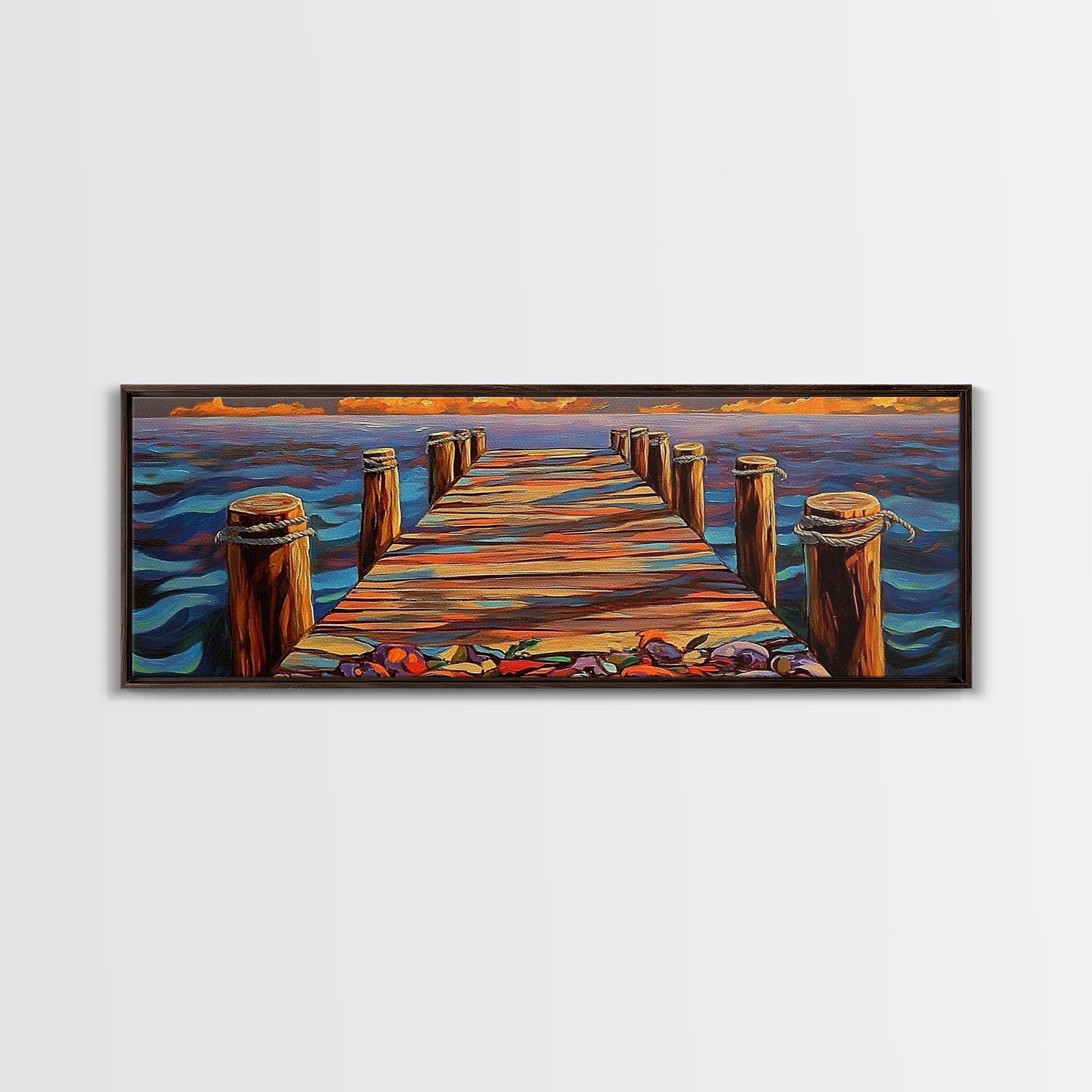 Wooden Dock Sunset, Ocean Pier Painting, Tranquil Seascape Decor, Nautical Beach House Style, Framed Canvas Print