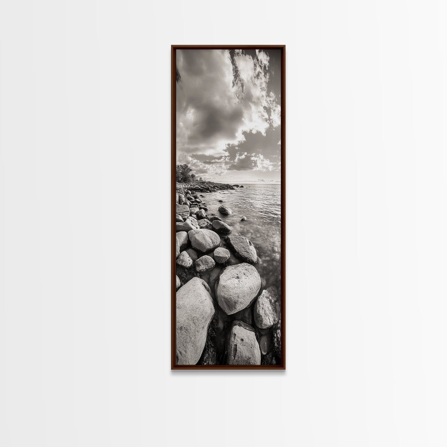 Sunrise Shore, Tranquil Coast, Pebble Beach, Golden Glow, Framed Canvas Print Fall Wall Art, Landscape Living Room Decor, Minimalist Aesthetic