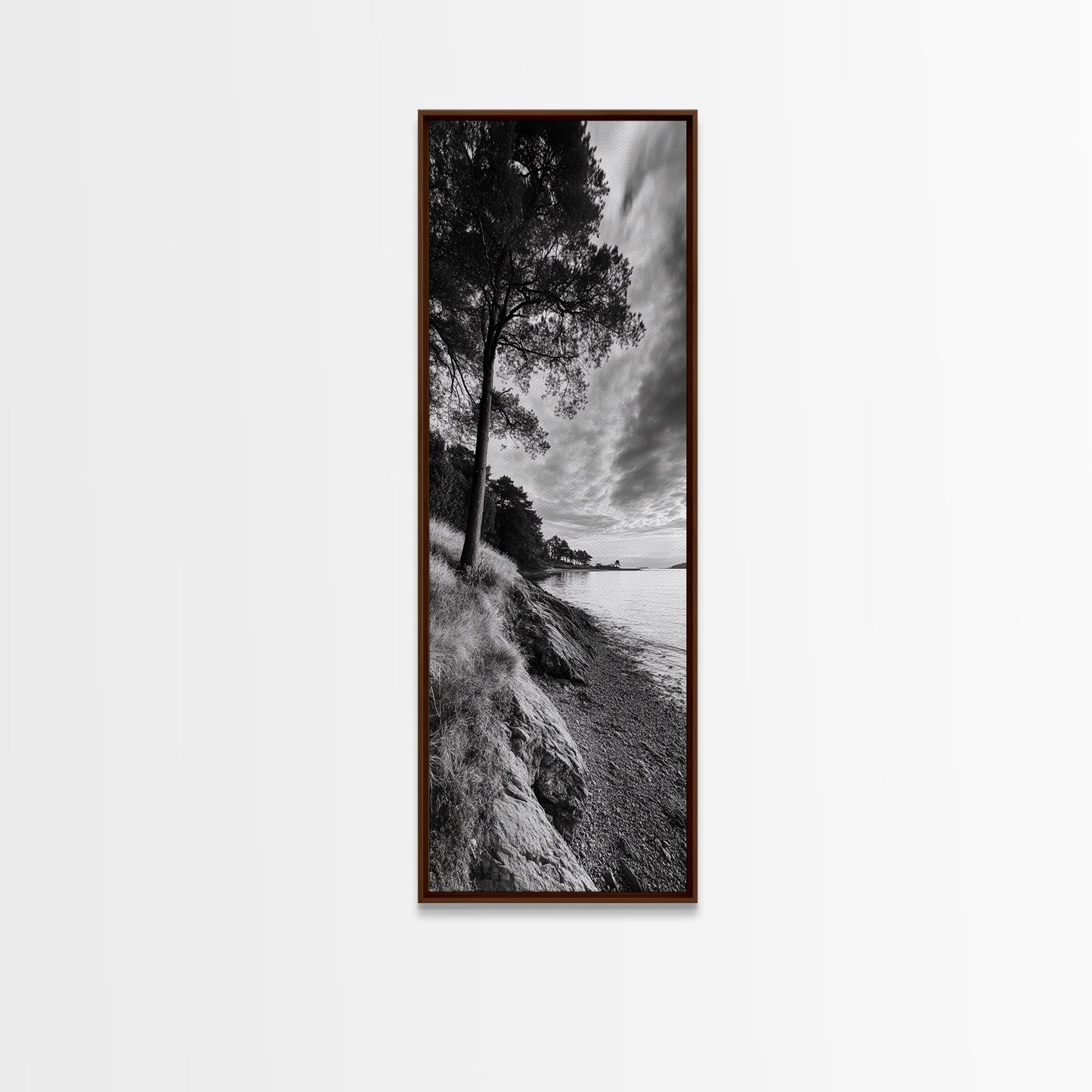 Coastal Tree, Ocean Horizon, Windswept Shore, Nature Calm, Moody Sky, Framed Canvas Print, Office Wall Art, Coastal Rustic Aesthetic