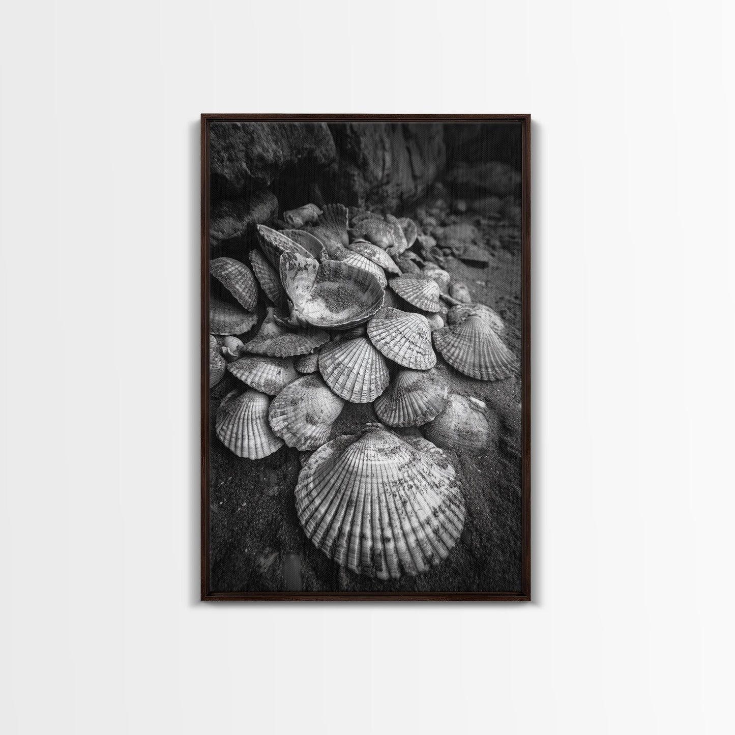 Seashell Pile, Textured Beach, Coastal Treasures, Natural Beauty Framed Canvas Print, bathroom decor, shell art, beach wall style