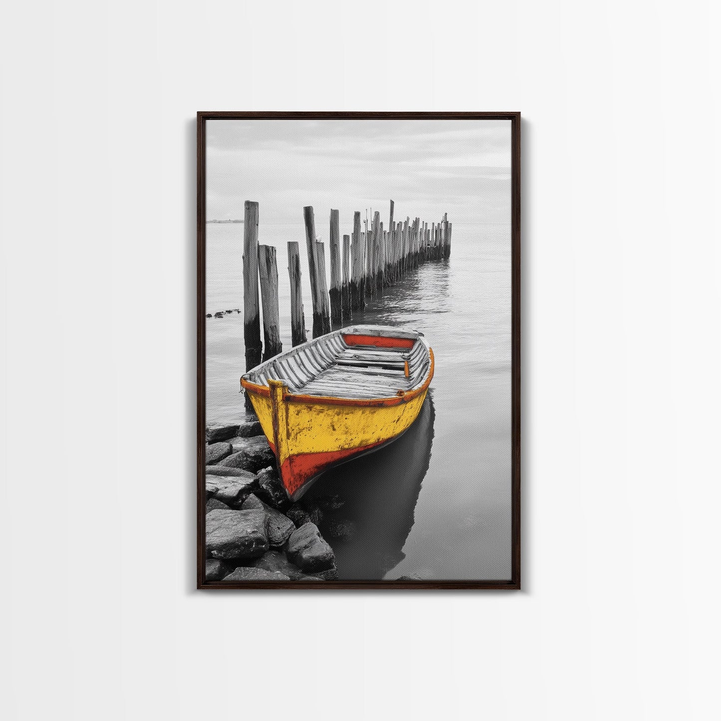 Yellow Rowboat, Coastal Mood, Pier View, Nautical Nostalgia, Framed Canvas Print, Beach House Wall Art, Rustic Seaside Decor