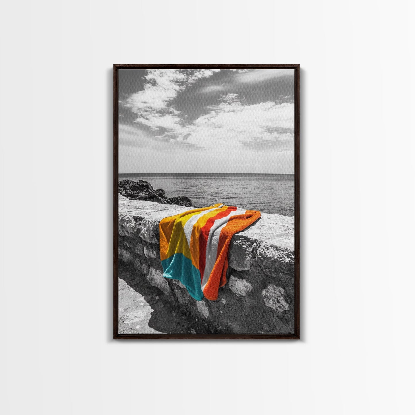 Colorful Towel, Coastal Vibes, Seaside Style, Bold Decor, Framed Canvas Print vibrant beach towel photo, bathroom wall art, summer art