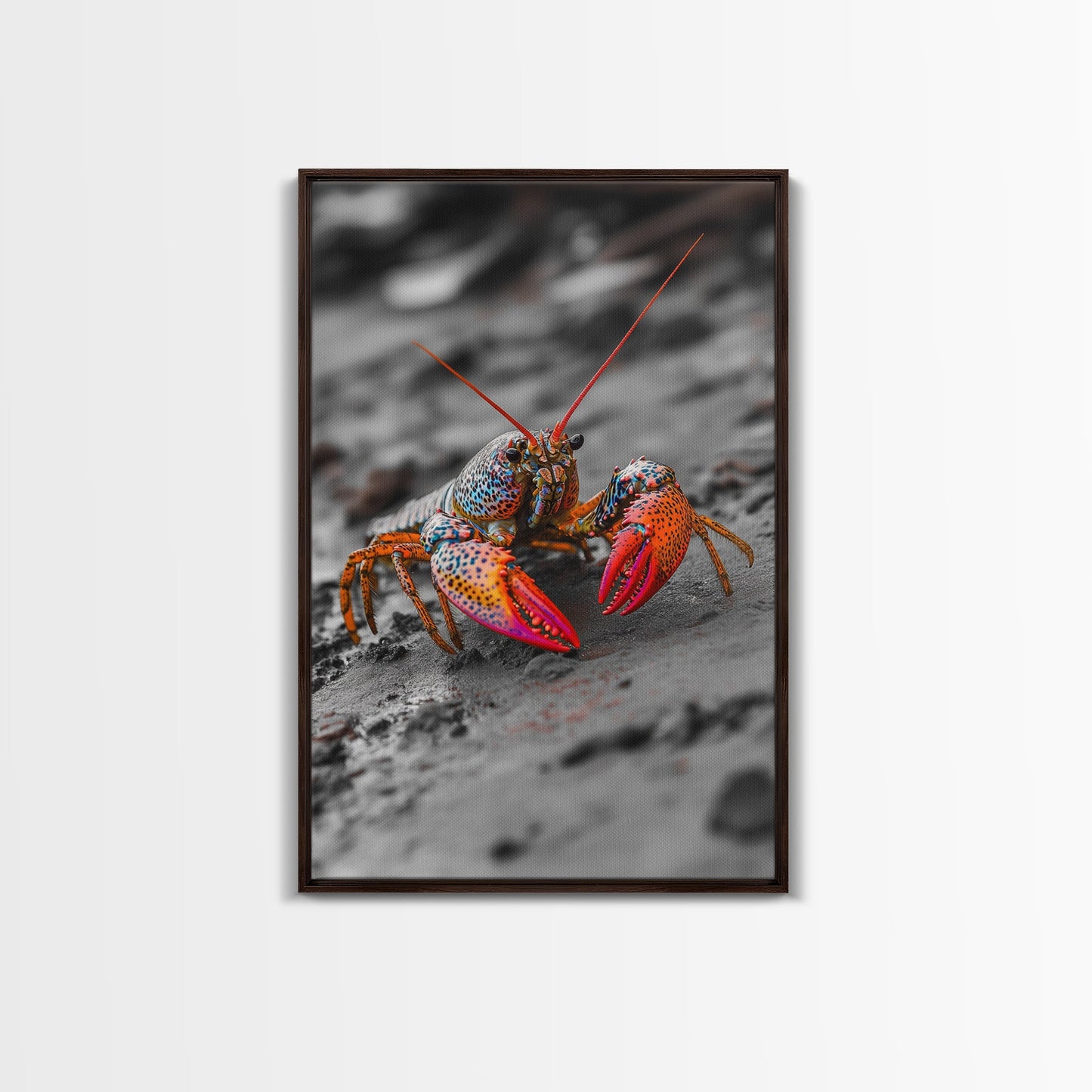 Colorful Lobster, Beach Wildlife, Close-Up Macro Art, Framed Canvas Print, Kitchen Wall Art, Coastal Marine Decor, Vibrant Style