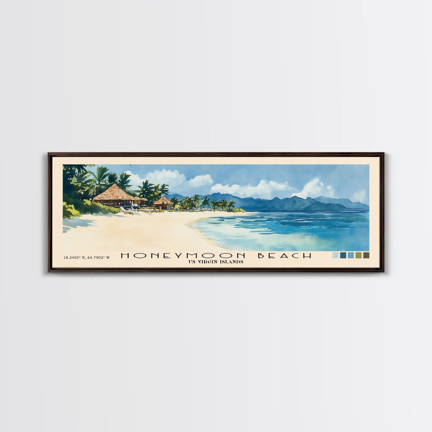 Honeymoon Beach, Fiji Watercolor Print, Vacation Gift, Fiji Wall Art, Beach Painting, Beach Decor, Large Wall Art, Wood Frame Art