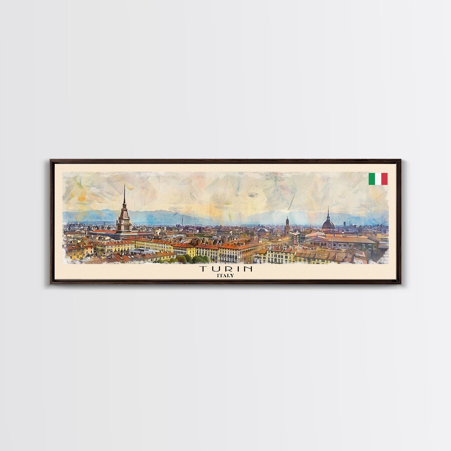 Turin Italy Panoramic Travel Poster, Framed Canvas Print or Metal Wall Art, Travel Art, Home Decor, Panoramic Painting, Midcentury Art