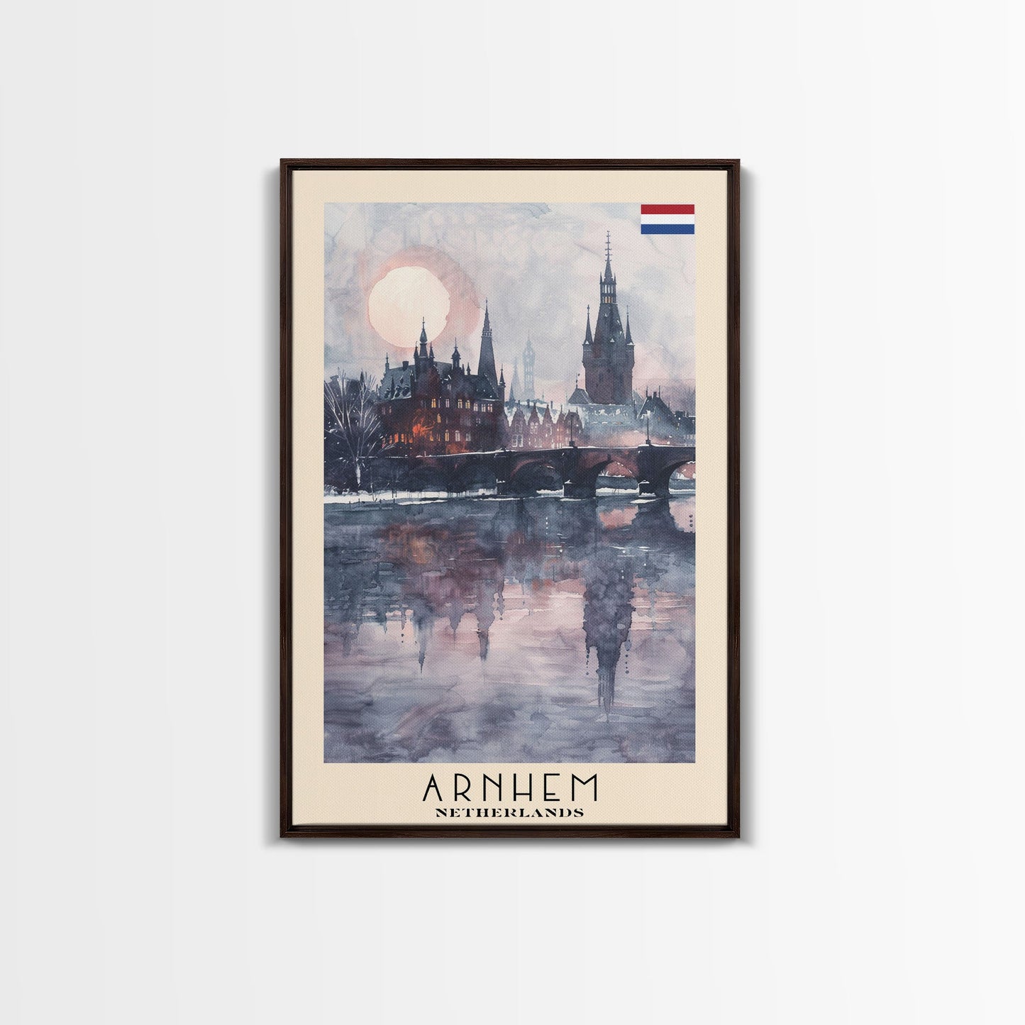 Arnhem Netherlands Travel Poster Framed Canvas Print, Wall Art, Home Decor, Vacation Print, Watercolor Painting, Cityscape Art