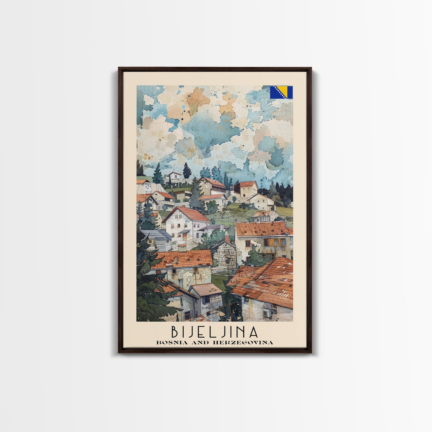 Bijeljina Bosnia and Herzegovina Travel Poster Framed Canvas Print, Watercolor Art, Home Decor, Wall Art, Travel Print