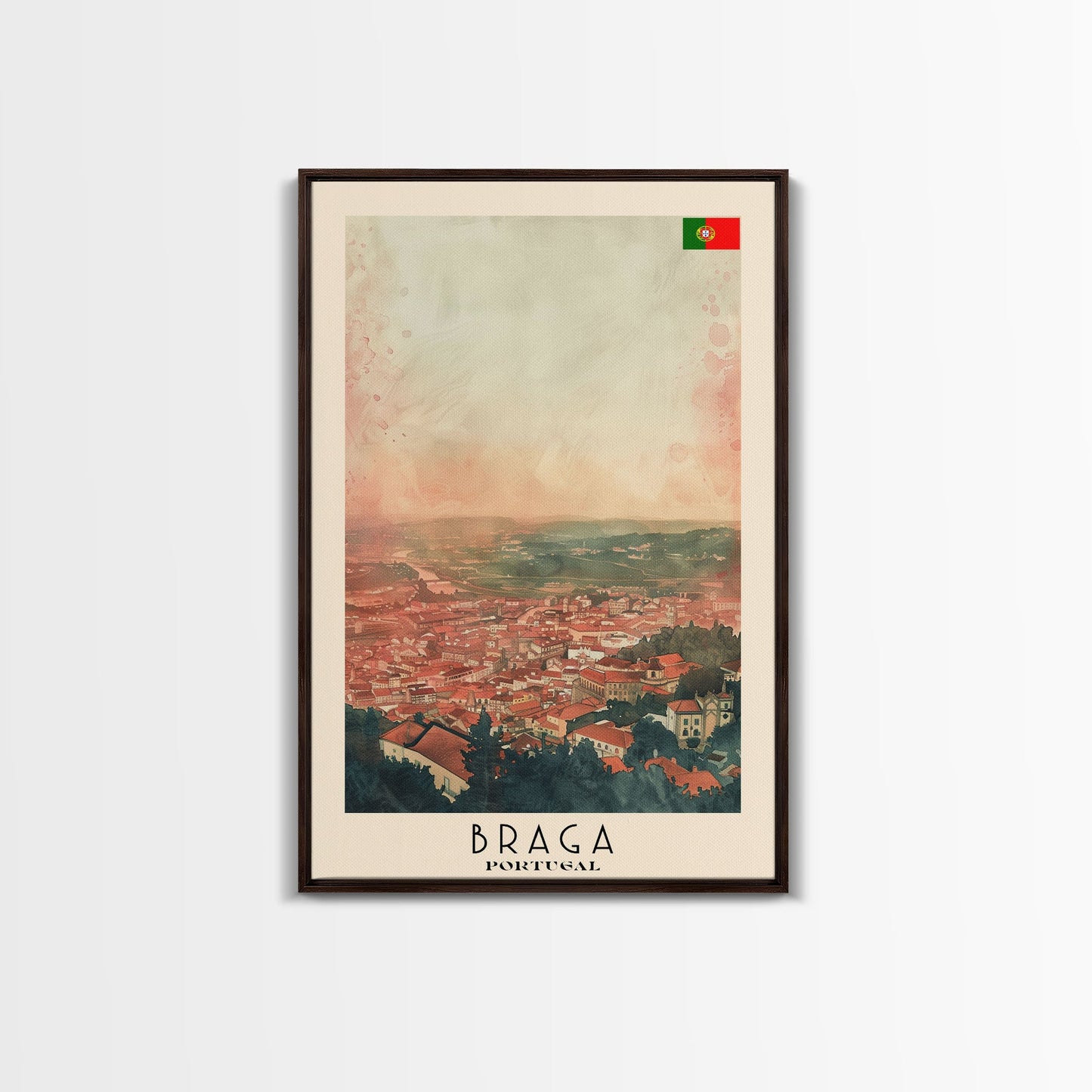 Braga Portugal Travel Poster Framed Canvas Print, Wall Art, Home Decor, Travel Print, Sunset Scene, Boho Art, Original Art