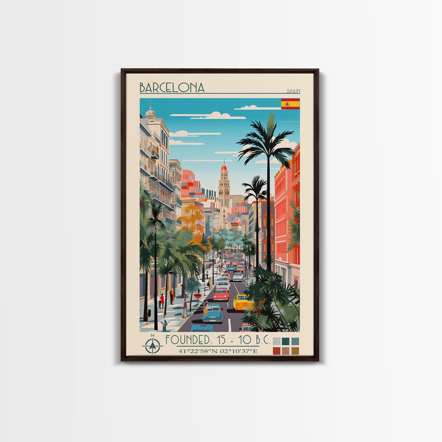 Barcelona Spain Travel Poster Framed Canvas Print, Midcentury Modern Art, Pop Art Wall Decor, Home Decor, Vacation Gift, Living Room Art