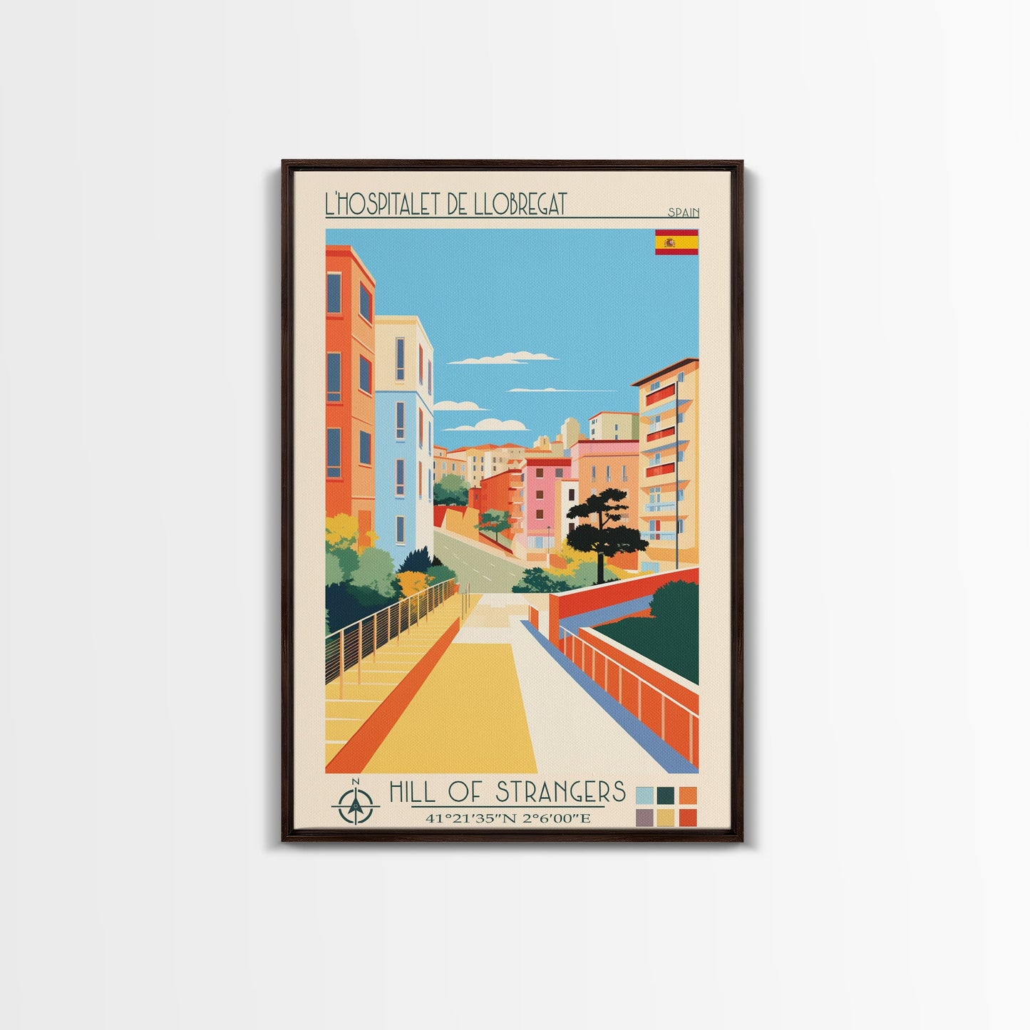 L'Hospitalet de Llobregat Spain Travel Poster Framed Canvas Print, Midcentury Modern Art, Pop Art Wall Decor, Home Decor, Vacation Gift, Office Art