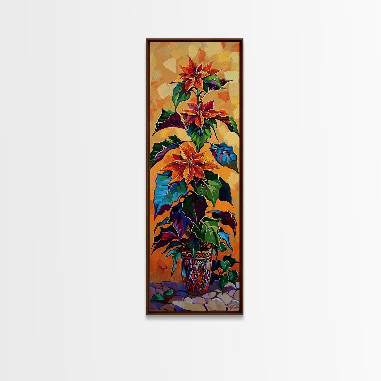 Oversized Spanish Style Poinsettia Canvas Painting Framed and Printed, Botanical Wall Art, Textured Canvas Painting, Vertical Framed Art