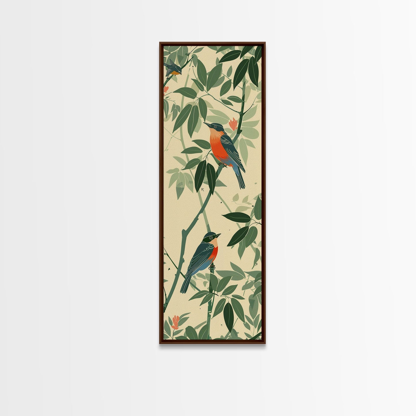 Skinny Art Tall Art Framed Canvas Print Birds Amongst Dense Greenery And Red Flowers Ukiyo-e Japanese Style Art Wood Block Print