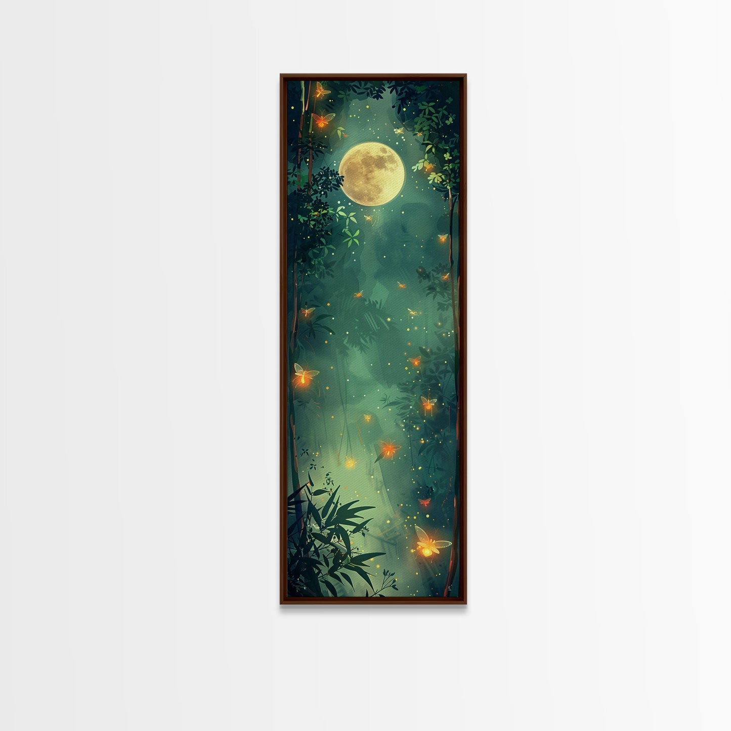Enchanting Fireflies Illuminating Nighttime Forest Scene Under Full Moon Tall Framed Canvas Print Adding Magical Touch