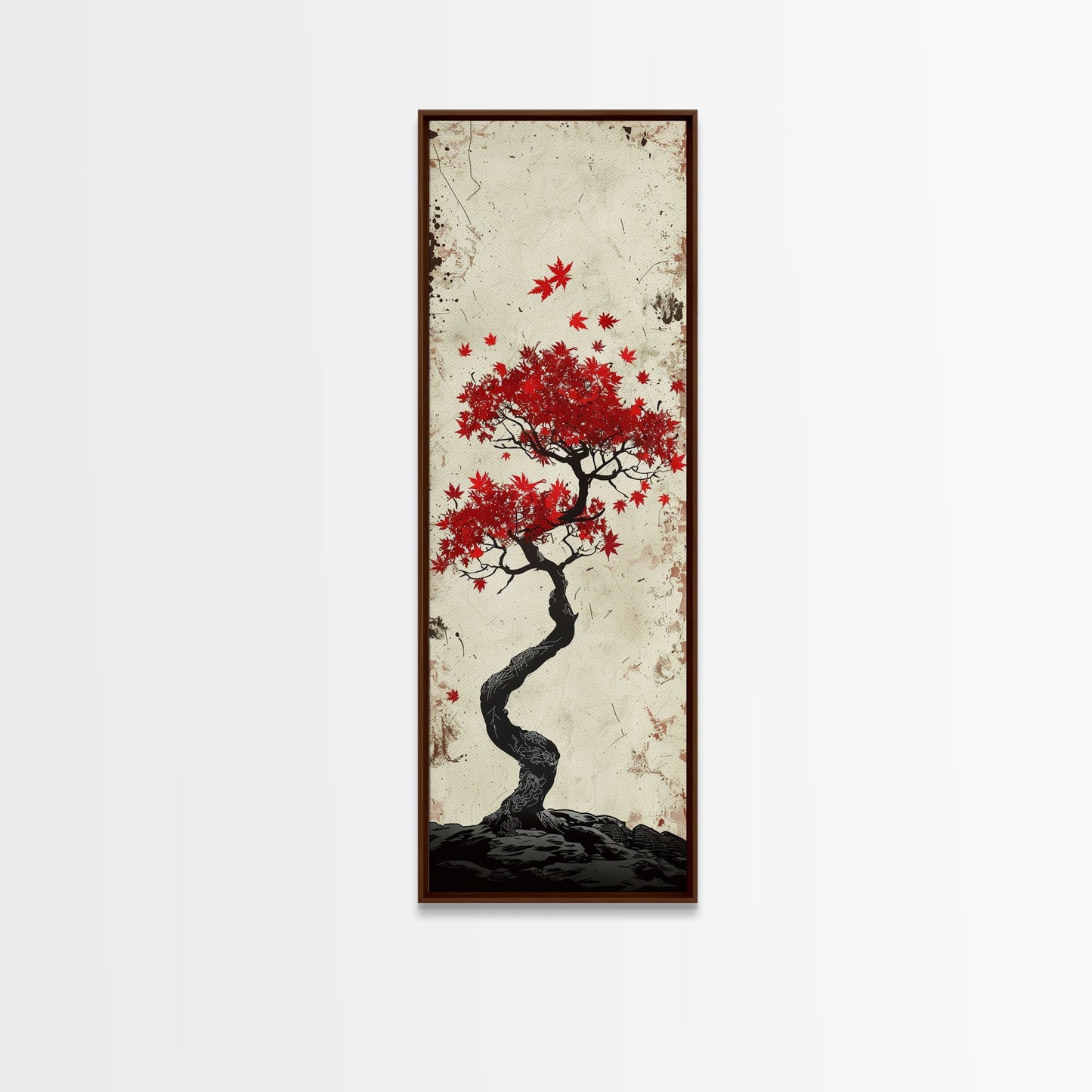 Red Maple Bonsai Tree Japanese Art Skinny Wall Art Framed Canvas Print with Windswept Branches and Red Leaves