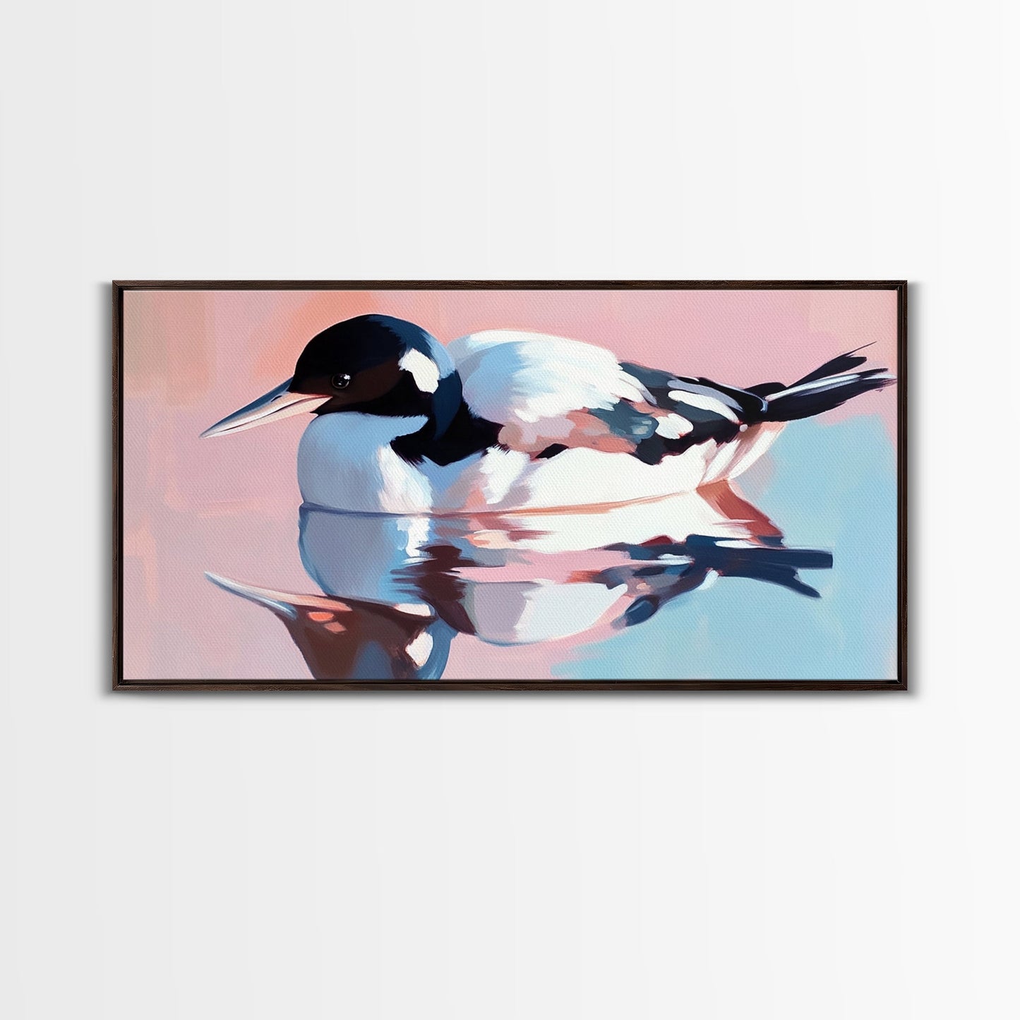 Waterfowl Reflection, bird art, lake Tahoe art, coastal painting, wildlife decor, pink orange wall art, framed canvas print