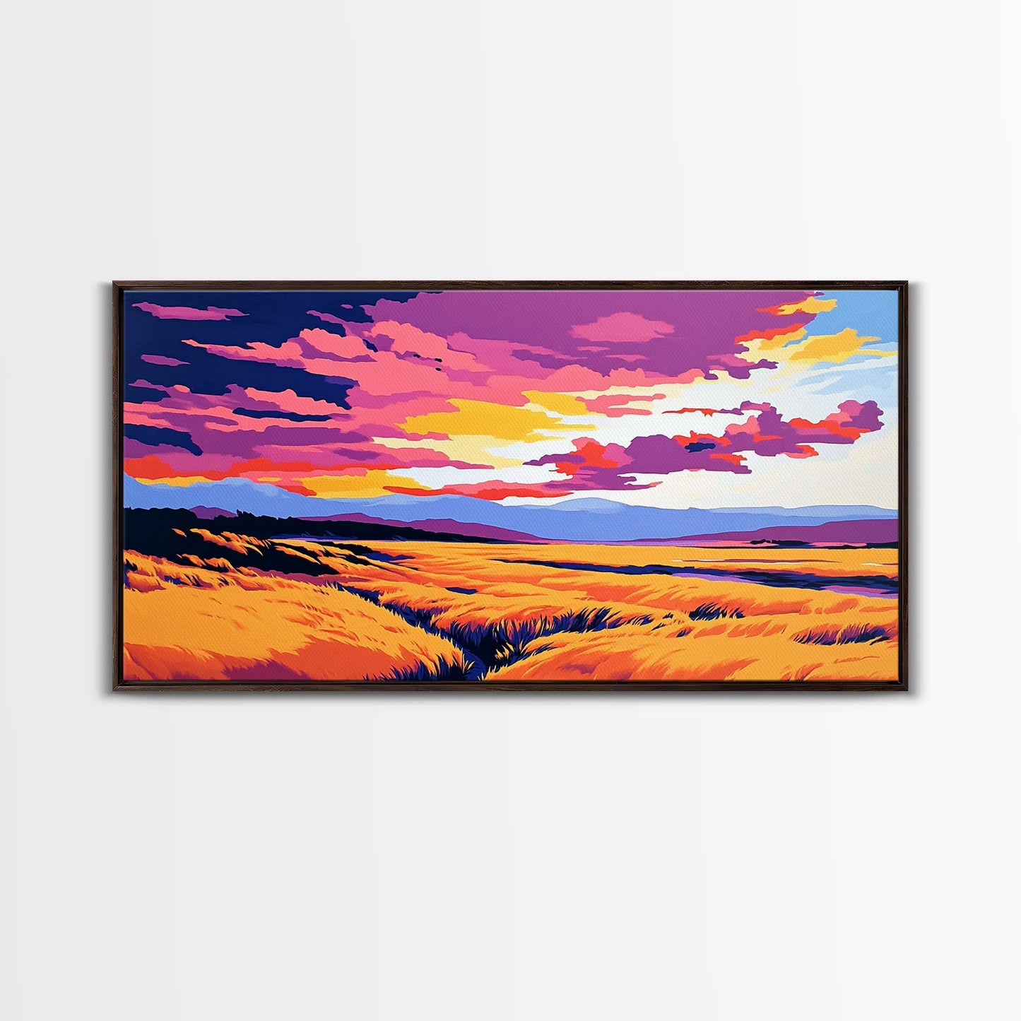 Golden Meadow, landscape painting, farmhouse art, moody art, above bed wall art, wabi sabi art, extra wide art, framed canvas print