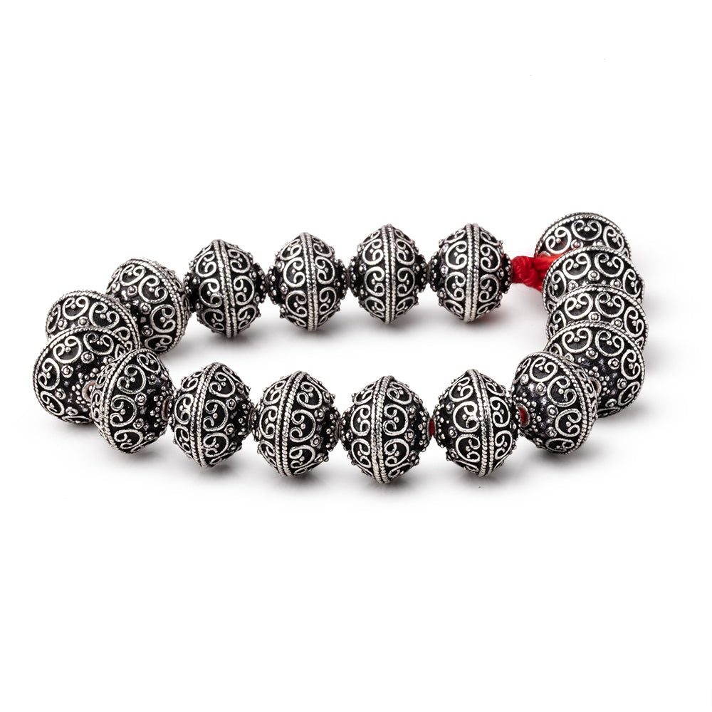 14x12.5mm Antiqued Sterling Silver Plated Copper Bali Design Rondelles 8 inch 16 Beads