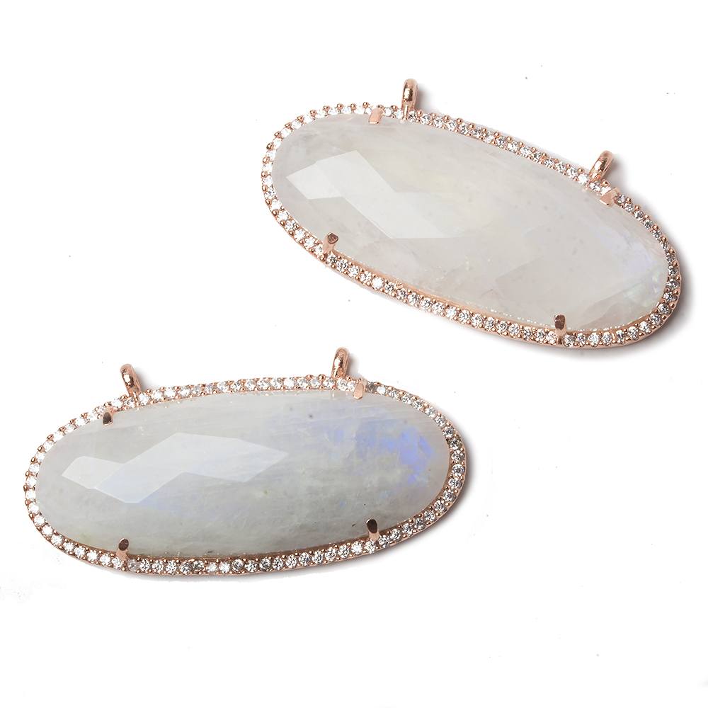 42x18mm Rose Gold Bezeled CZ & Rainbow Moonstone Oval East West Connector 1 pc