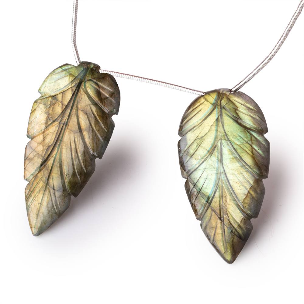 45x22mm Multi Color Labradorite Carved Leaf Focal Set of 2