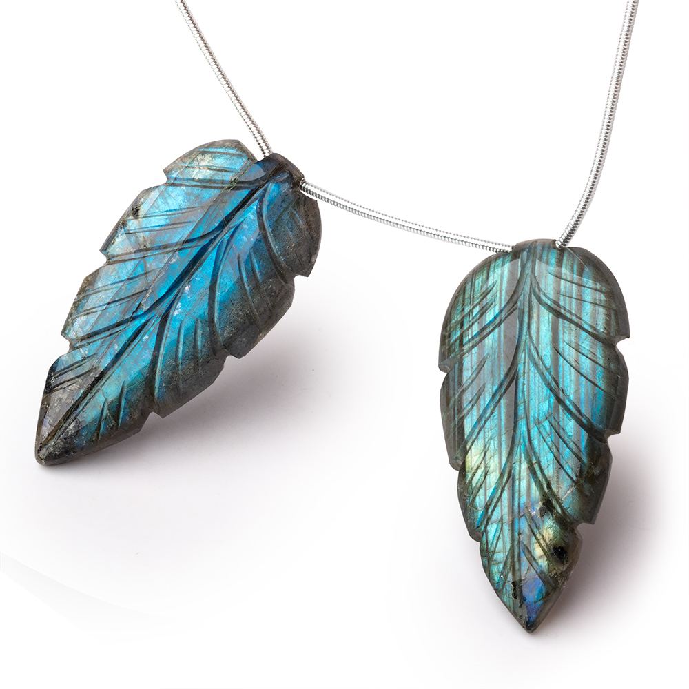 45x22mm Multi Color Labradorite Carved Leaf Focal Set of 2 Beads