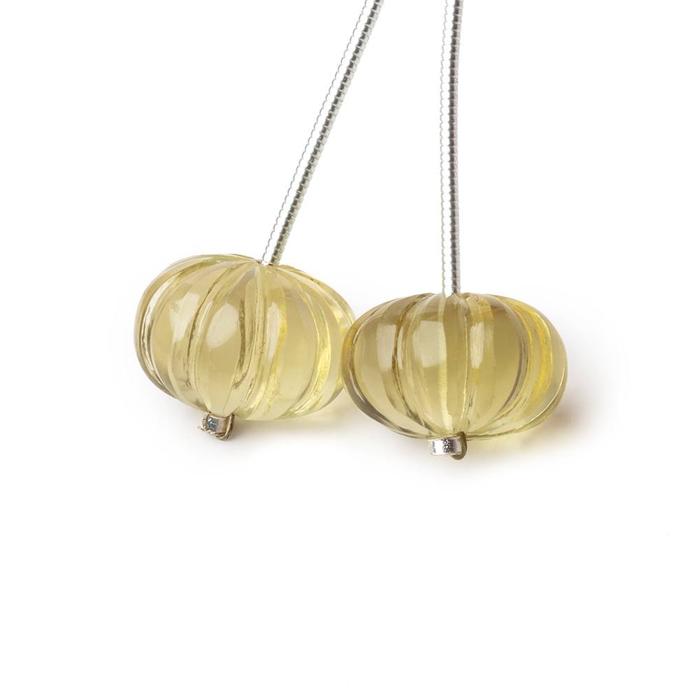 13-14mm Lemon Quartz Carved Melon Focals Set of 2 Beads