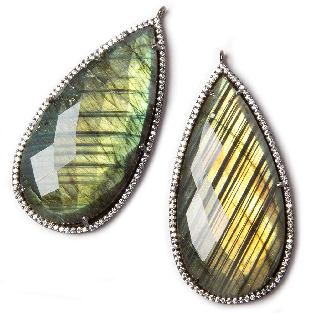 47.5x26mm Black Gold Bezeled White CZ & Labradorite Pear Pendant 1 pc