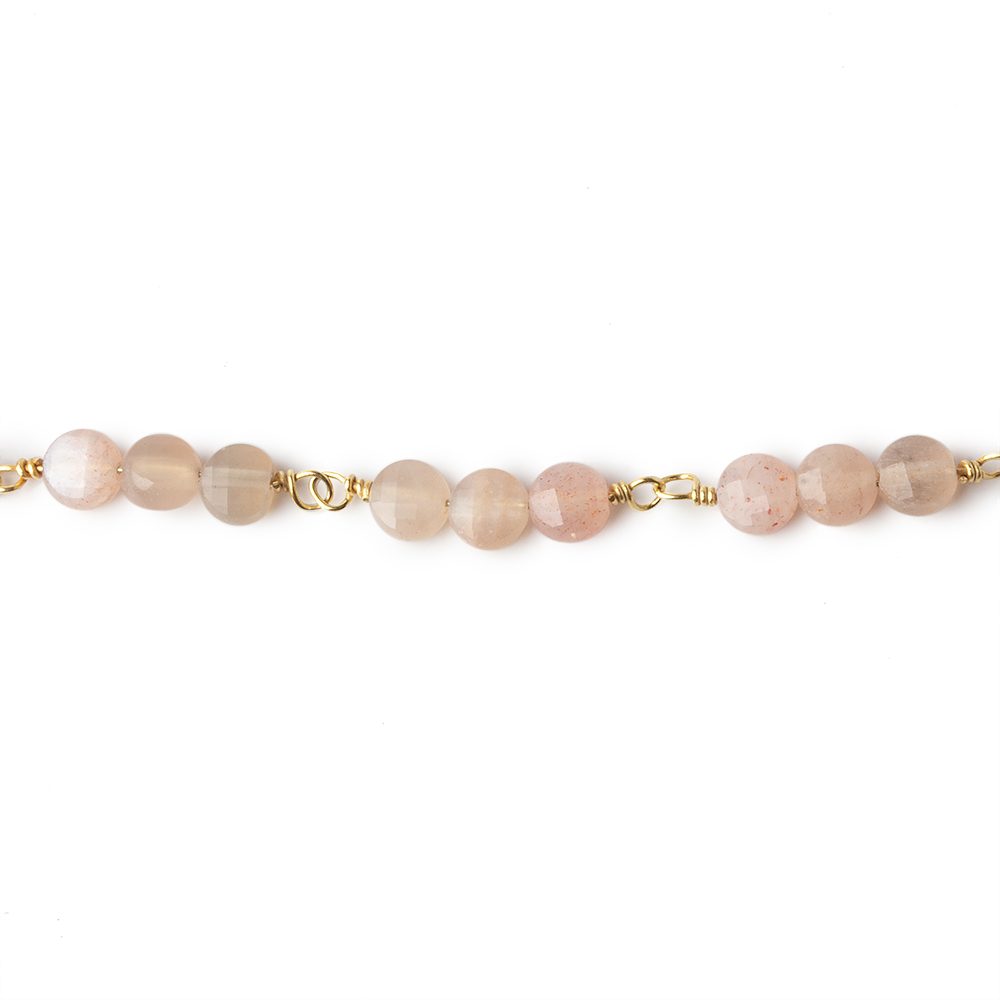 4mm Angel Skin Peach Moonstone faceted coin Trio Gold Chain by the foot 54 beads per length