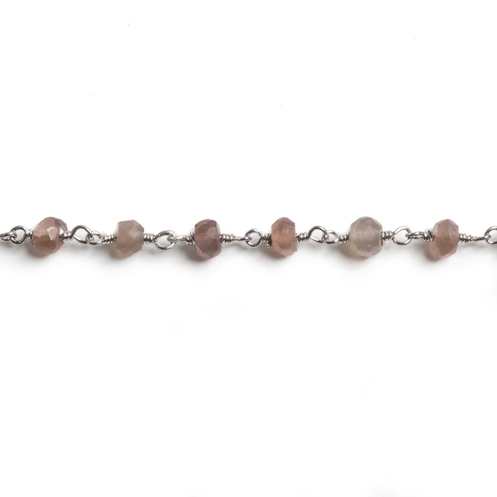 4mm Chocolate Moonstone faceted rondelle Silver Chain by the foot 34 pieces