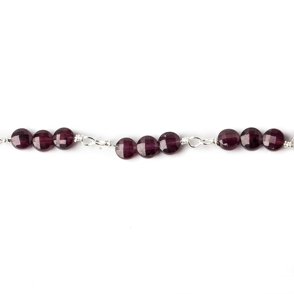 4mm Garnet faceted coin Trio Silver Chain by the foot 54 beads per length