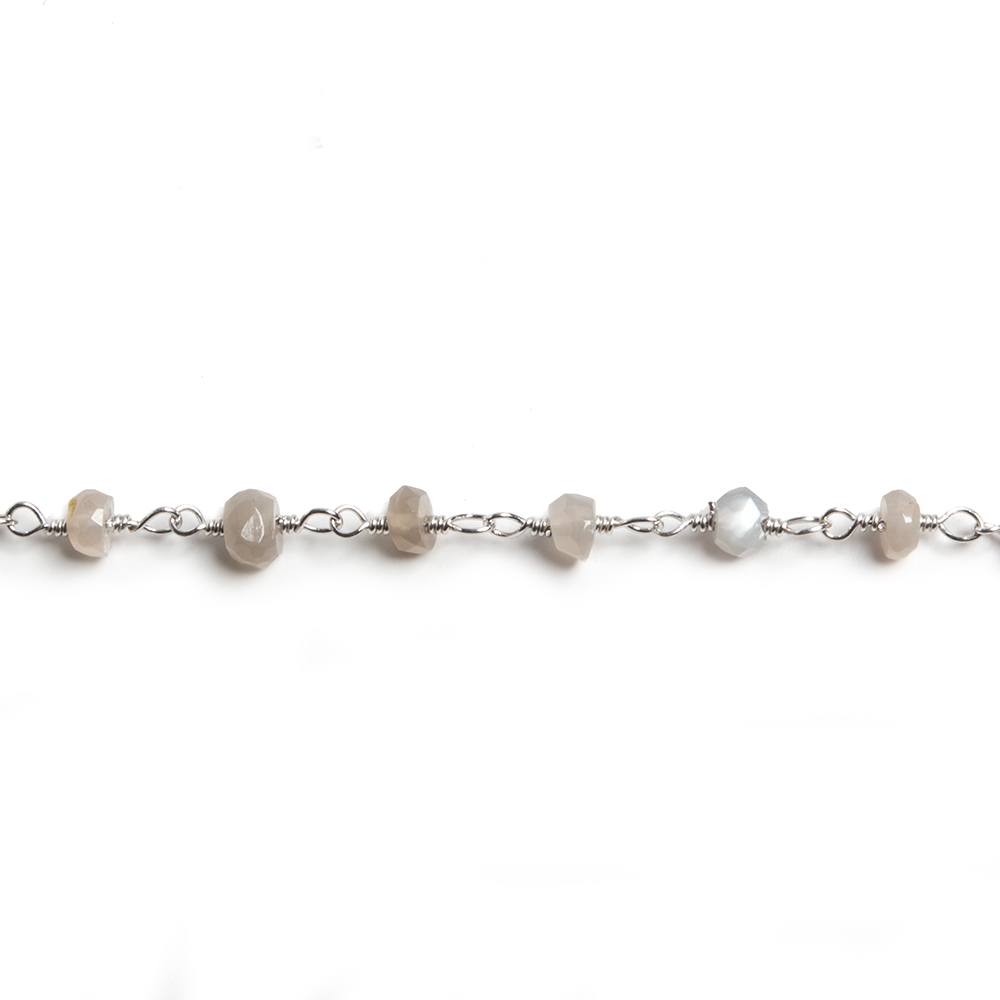 4mm Grey Moonstone faceted rondelle Silver Chain by the foot 34 pieces