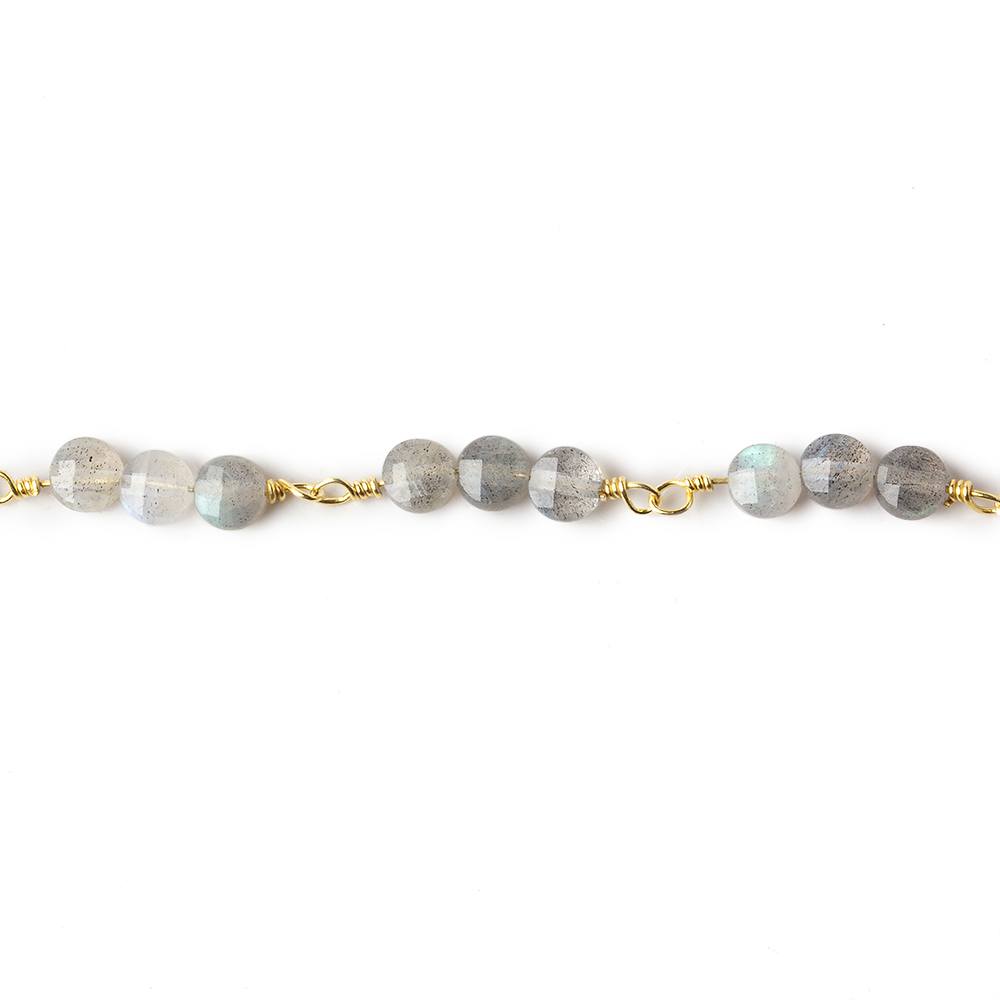 4mm Labradorite faceted coin Trio Gold Plated Chain by the foot 54 beads per length