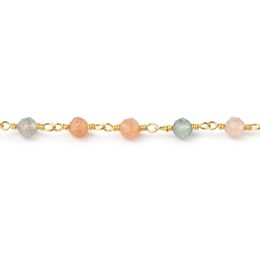 4mm Madagascar Sunstone Micro Faceted Rounds on Gold Plated Chain