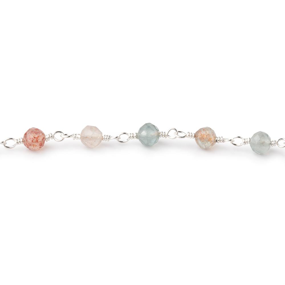 4mm Madagascar Sunstone Micro Faceted Rounds on Silver Plated Chain